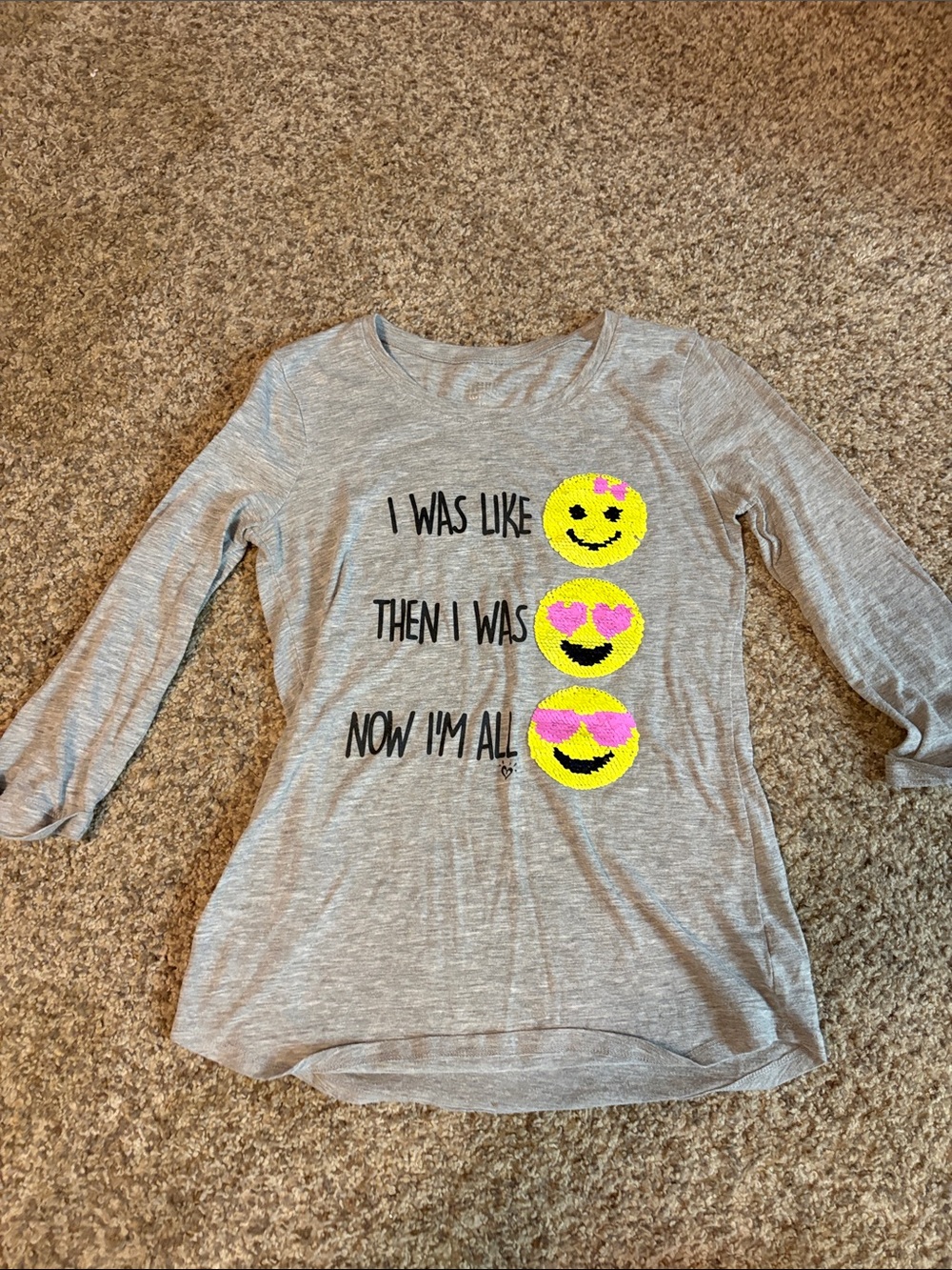 Justice Gray Long Sleeve Tee with Yellow & Pink Sequin Emoji
